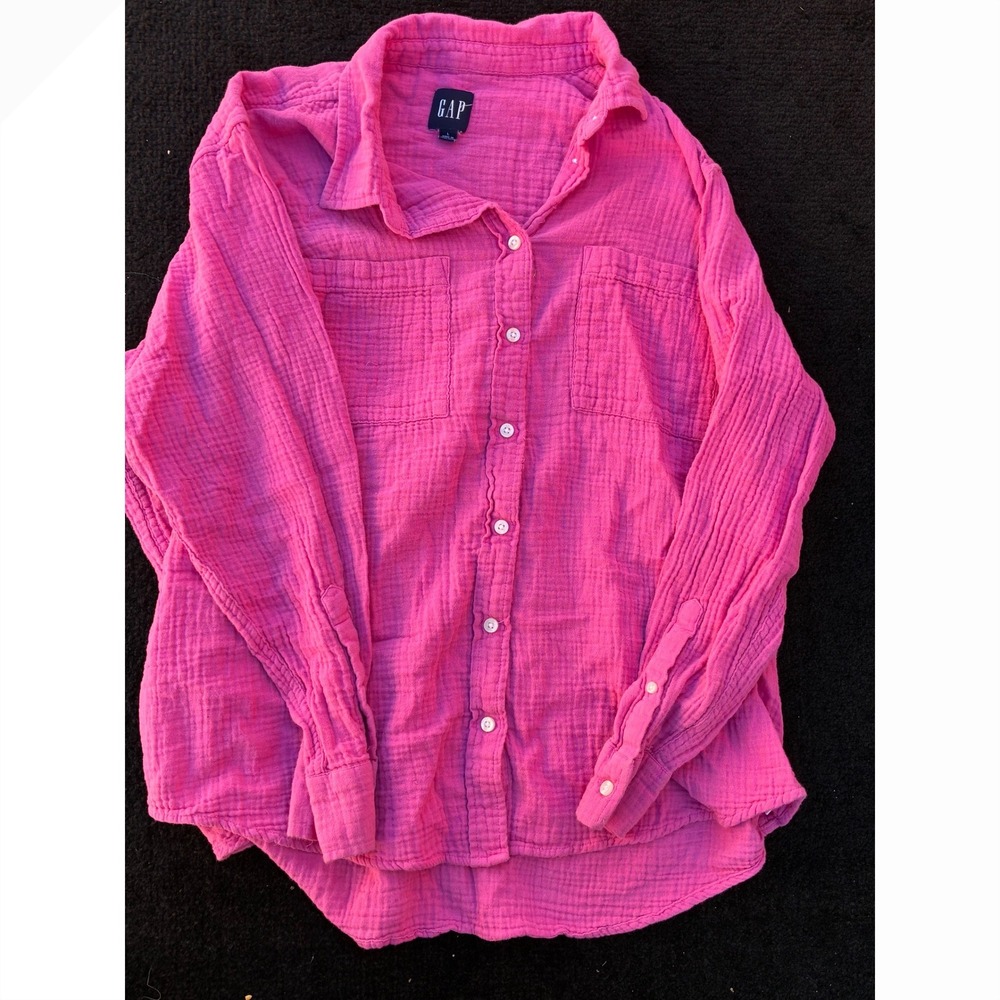 Gap Womens Pink Crinkle Gauze Long Sleeve Button Down Shirt Large Pink Top